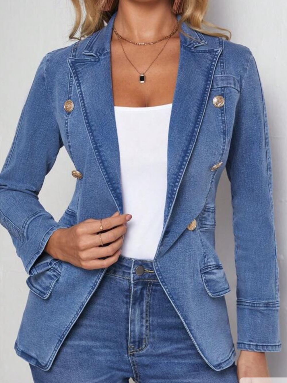 Denim blazer with gold buttons